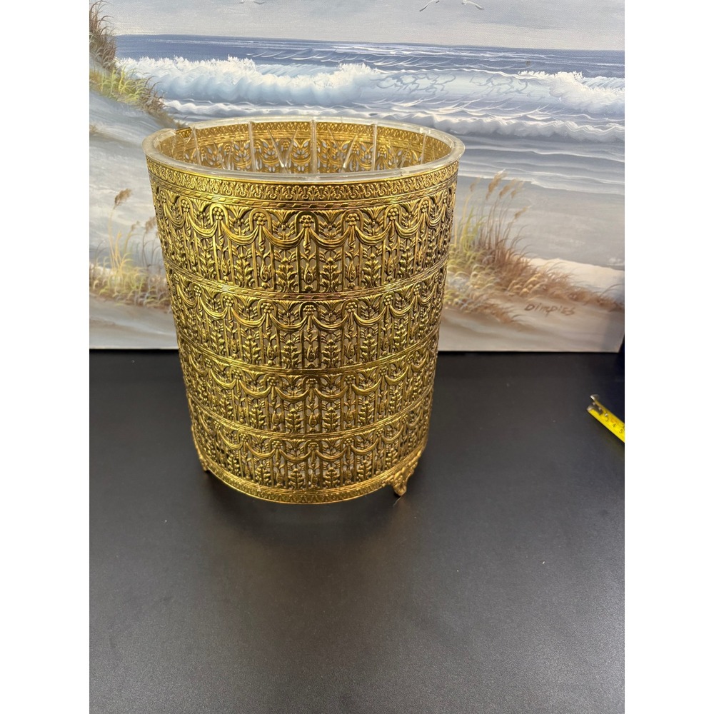 Vintage Gold Filigree Hollywood Regency Wastebasket Ornate Metal Trash Can Liner